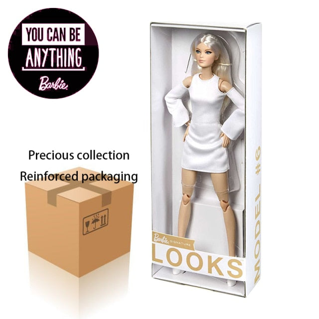 Original Barbie Signature Looks Doll Blonde Fully Posable Fashion Doll Wearing White Dress Doll Toy for Girls perfect gift GXB28