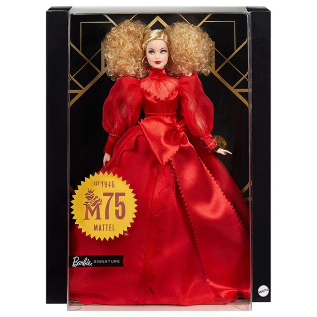 Barbie Collector Mattel 75Th Anniversary Doll Red Chiffon Gown Blonde Collection Doll Toy for Girl Gift